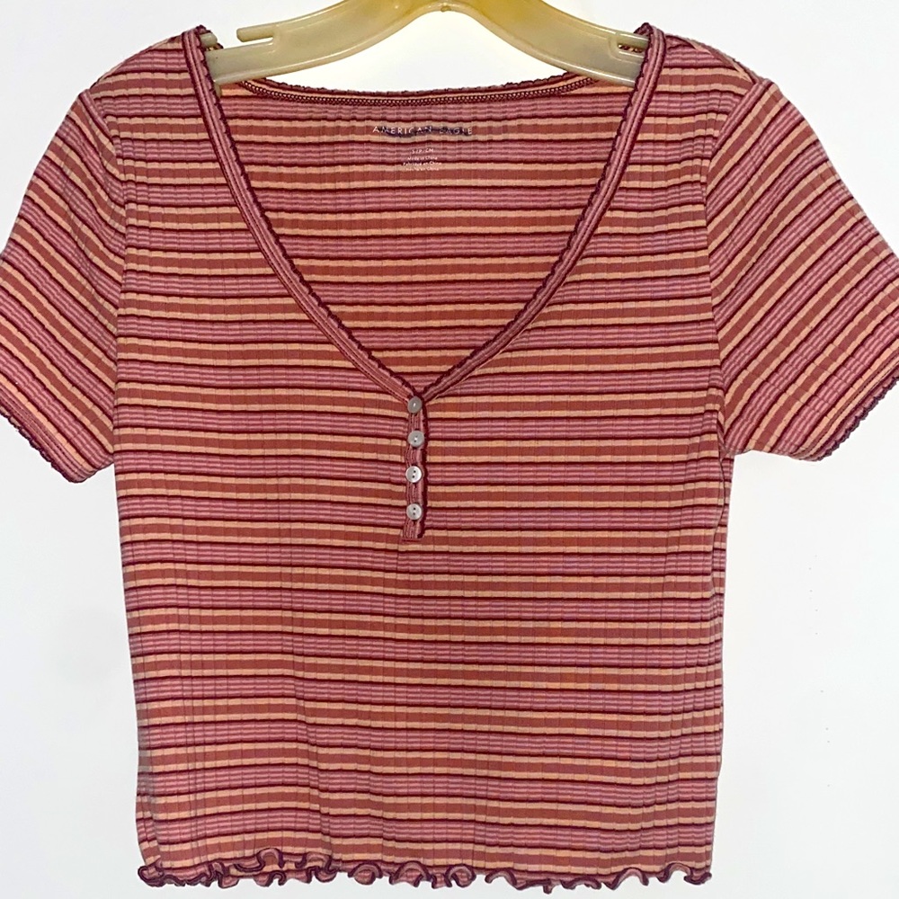 American Eagle Women's Short Sleeve Striped Crop Shirt Size S.